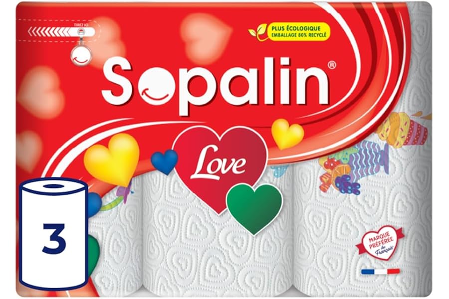 Sopalin Love, 3 Rouleaux d'Essuie-tout Cuisine, 2 Plis | 47 Feuilles par Rouleau, Décoré avec une Texture en forme de Cœur, B