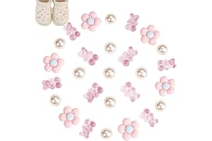 TUSERXLN 27Pcs Pearl and Flower Shoe Charms, Croc Charms for Kids, Pink Resin Croc Shoe Decoration with Bear and Pearl Cute Shoe Jibbitz for Teens Girls
