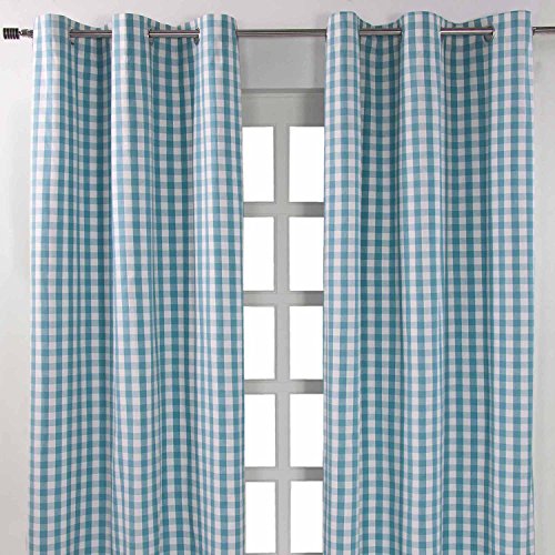 Homescapes Ösenvorhang blickdicht Karo blau-türkis weiß Dekoschal 2er Set Breite 137 x Länge 228 cm Vorhang Paar 100% Baumwolle