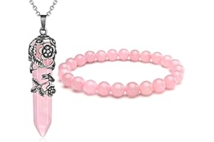 JSDDE Natural Amethyst Rose Quartz Gemstone Crystal Healing Antique Silver Flower Wrap Pointed Pendant Necklace Bracelet Jewelry Set
