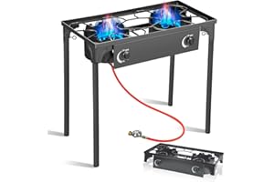 BACOENG Hornillo de Gas con 2 quemadores con patas desmontables, Hornillo Camping Gas Portatil con 1.5M Manguera y Regulador Presión 50 mbar