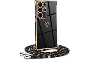 Mkej Funda para Samsung Galaxy S23 Ultra con Cuerda, TPU Suave Silicona diseño de corazón con Chapado en Oro de Lujo, Funda Samsung Galaxy S23 Ultra Cuerda para Mujeres y niñas, Oro Negro