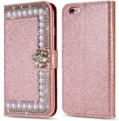 iPhone 6/6s Case,Luxury Shiny Sparkle Glitter Bling PU Leather [Magnetic Closure]Inner Soft TPU Case with [Card Slots] Stand Function Cover Case for iPhone 6/6s- Rose Gold