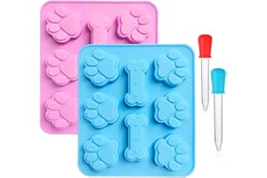CKANDAY Confezione da 2 stampi in silicone a forma di zampa di cucciolo e osso di cane con 2 contagocce liquidi trasparenti graduati, 8 cavità vassoi per ghiaccio riutilizzabili da forno biscotti e caramelle