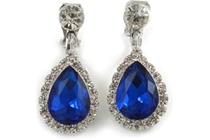 AVALAYA Sapphire Blue/Clear Crystal Teardrop Clip On Earrings In Silver Tone Metal - 33mm L