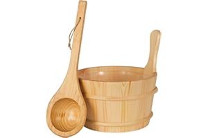 SUNNYDEALS klassisches Saunazubehörset | Saunaset 3-teilig aus naturbelassenem Holz | Saunaeimer & Kunststoffeinsatz 4l | Saunakelle
