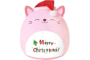 Xfrog Weihnachten Plüschtier 10" Katze Plüschkissen mit Weihnachtsmütze Kawaii Xmas Plüschtiere Kinder Mädchen Jungen Rosa 25CM