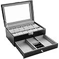 Watch Box-12 Slots Mens Watch Organizer Faux Leather Jewelry Display Pillow Case, Collection Jewelry Box Storage, Lockable Watch Case Bracelet Tray with Glass Jewelry Drawer for Storage and Display