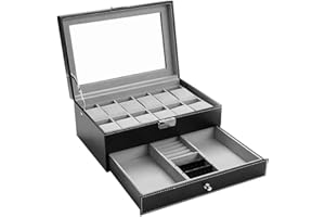 AUTUMNDEER Watch Box-12 Slots Mens Watch Organizer Faux Leather Jewelry Display Pillow Case, Collection Box Storage, Lockable Watch Case Bracelet Tray with Glass Drawer for Storage and Display