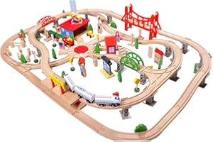 Bandits & Angels Holzeisenbahn-Set 130 Teile mit Bahnhof ab 3 Jahren für Jungen und Mädchen – Eisenbahnset mit 130 Teilen und 2 Holzeisenbahnen – Eisenbahngleise für Kinder mit Zubehör