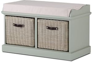TETBURY FURNITURE Tetbury sage green hallway bench with cushion and 2 storage baskets