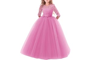 IBTOM CASTLE Vestido de niña de flores para la boda Princesa Largo Gala Encaje De Ceremonia Vestidos de Dama De Honor Fiesta Tul Bowknot Comunión Cumpleaños Bola Pageant Paseo Baile Maxi Cóctel Fotografía Vestir