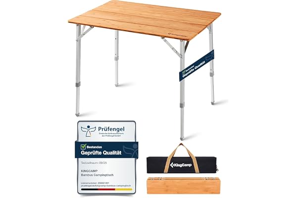 KingCamp Table de Camping en Bambou 100x65 cm - Table Pliante, Hauteur réglable (45/52 / 65 cm), pour 2-6 Personnes, Pliage 4 Fois, Charge maximale de 80 kg