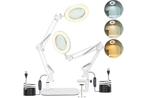 Jubor 2 in 1 Lampada con Lente d'Ingrandimento, 15X 10X Lente con Luce e Supporto con Braccio Orientabile e Base, Lampada da Tavolo con 3 Modalità Colore per Lettura, Riparazione, Lavoro Manuale