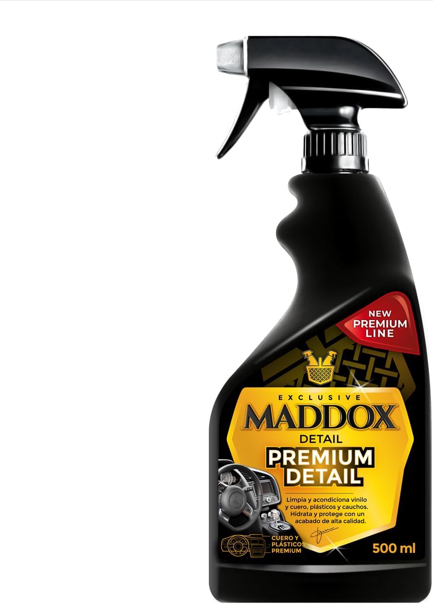 Maddox Detail - Limpia Salpicaderos Coche Vinilo y Gomas de Interior | Hidratador de Plásticos | Limpiador Abrillantador de Interiores Coche | Productos Limpieza Vehiculo | Premium Detail 500ml