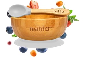 nohla ® - Bamboo Baby Weaning Suction Bowl and Spoon Set - Grey - 350ml Capacity - 100% Natural & Organic, BPA-Free Silicone - Toddler Mealtime Essentials