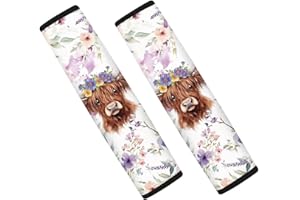 Wanyint Highland Cow Floral Violet 2 Pieces Car Seat Belt Pads Comfort Harness Pads Protect Shoulder Neck Padding for Women Men Travel Cushion Seat Belt Covers