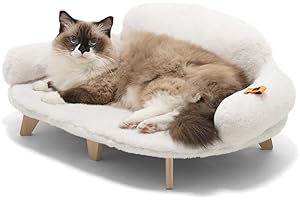 MEWOOFUN Cat Sofa with Sturdy Wooden Legs, Cat Chair Bed, Plush Cat Bed, Warm and Soft Cat Sofa for Small Dogs and Cats, Maximum Load 15 kg, White