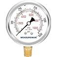 MEASUREMAN 2-1/2" Dial Size, Oil Filled Pressure Gauge, 0-1500psi/kpa, 304 Stainless Steel Case, 1/4"NPT Lower Mount