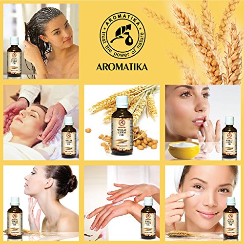 Weizenkeimöl, kaltgepresst und raffiniert, 100% rein und natürlich 50ml, Glasflasche, Basisöl – USA, reich an Mineralien, Proteinen Vitaminen A, B, E, hat feuchtigkeitsspendende, revitalisierende Eigenschaften, nährend, Intensive Pflege Gesicht, Körper, Haare, Haut, Nägel, Hände, Lippen, Anti-Falten /Anti-Aging gut mit ätherischem Öl, für Schönheit / Aromatherapie/ Entspannung, Massage / Wellness / Kosmetik / Körperpflege / Spizenqualität / Geruchsfrei /Mehrzweck von AROMATIKA - 3