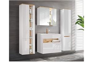 ‎LOMADOX Lomadox Bathroom Furniture Set, 80 cm Base Cabinet with Ceramic Sink, High Gloss White with Wotan Oak, 2 Tall Cabinets and LED Mirror Cabinet