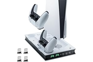 Mcbazel Vertical PS5 Cooling Charger Stand, Multifunctional LED Cooling Stand with Dual Controller Charging Station for PS5/Slim/Pro - White/Black