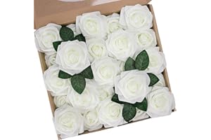 N&T NIETING Fiori Artificiali, Rosa Artificiali 25 Pezzi Schiuma Teste di Rose Finte Aspetto Reale con Foglia e Gambo Regolabile per DIY Matrimoni Mazzi Nuziale Festa Casa Stanza Decorazioni (Avorio)