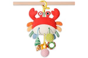 Vamotto Crab Car Seat & Stroller Toy for Babies 0-12 Months, Sensory Hanging Toy with Rattle, Mirror, Squeaker, Pull Strings, Fine Motor Skills Baby Gift for Newborn Infant Boy Girl