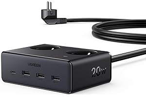 UGREEN Steckdosenleiste mit USB C Mehrfachsteckdose Schalter 6-Fach 20W Schnellladen 3680W Steckdosenwürfel mit Überspannungsschutz mit 1,5m Verlängerungskabel für Schreibtisch,Büro