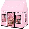 COSTWAY Kids Play Tent, Indoor Large Playhouse with Star Lights, Non-slip Mat and Windows, Castle Fairy Tents for Children Boys & Girls Gift (Pink+Black)