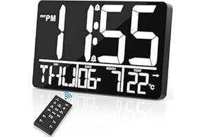 XREXS 13'' Orologio Digitale da Parete Grande con Telecomando, Orologio da Parete Digitale con Temperatura/Data/Giorno (8 lingue)/2 Sveglia/25 Suonerie, Orologio da Parete Led Luminosità Regolabile