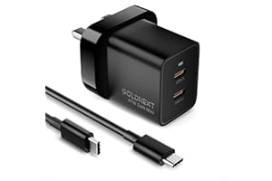 USB C Plug 47W, GOLDNEXT Dual Port USB C GaN Fast Charger Plug UK PD 3.0 & PPS 33W with 100W 5A Type C Cable for iPhone 16 Pro Max/15 Pro/15/14/13, Macbook Air, Galaxy S24/S23,Pixel (47W-Black)