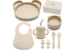Baby Weaning Set by Little Tots® | Silicone Suction Plate, Suction Bowl, Bib, Sippy Cup + Straw, Toddler Spoon + Fork, Weaning Fork + Spoon | 8 Piece Feeding Set for Baby Led Weaning (Cream Cotton)