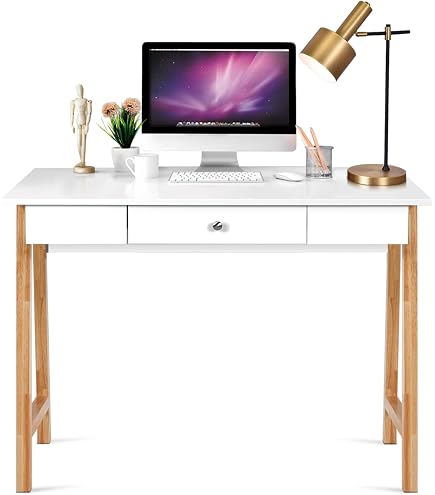 Scrivania Computer Con Ripiani Laterali GIANTEX - 90x45x75 Cm, Bianca, Perfetta Per Camera E Ufficio