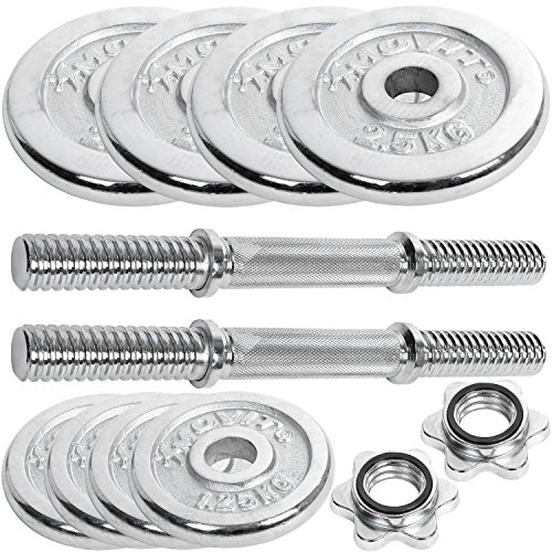 MOVIT® 20 kg Chrom Kurzhantel Set aus GUSSEISEN im Koffer, 2 Stück a 10kg, Stangen gerendelt 35 cm x Ø 3 cm STANDARDNORM mit Sternverschluss, inkl. 4x 2,5 kg + 4x 1,25 kg Hantelscheiben - 3