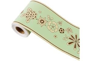 sourcing map Wall Paper Border Self Stick Wall Covering PVC Floor Borders for Kitchen Bathroom Bedroom Wall Decor Paper, Peach Flower Pattern Green Brown, 3.94 Inch by 32.8 feet