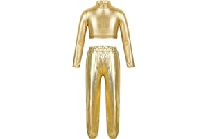Freebily Completo da Ballo Bambina Metallico Lucido Crop Top Corto Maglia a Manica Lunga Pantaloni Lunghi Tuta da Ginnastica Abito da Ballo Jazz Hip Hop Danza Moderna
