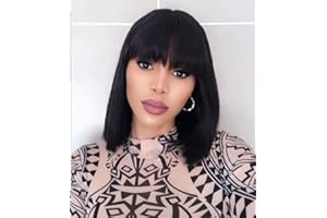 ZEALADY Perruque Bob Courte Noire Avec Frange 12 Pouces Perruque Naturelle Courte Droite Pour Femmes Wig Human Hair Frange Perruque Femme Naturelle Bresilien Lisse (Striaght Bob Wig With Bangs 、Black)