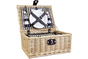 FINE FOOD STORE Baslow 2 Person Striped Fitted Picnic Basket includes Cream Fleece Blanket - Gift ideas for Mum, Valentines, Mother's Day, Birthday, Anniversary, Business, Corporate and Wedding Presents