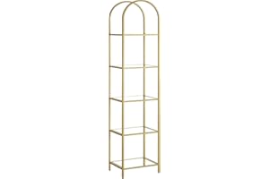 ‎VASAGLE VASAGLE 5-poziomowy regał na książki, regał do przechowywania ze szkła hartowanego, łukowata góra, metalowa konstrukcja, do salonu, sypialni, biura, łazienki, złoty metal i przezroczysty, LGT501A01