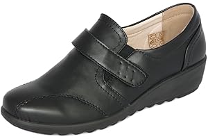 Cushion Walk Women's Ladies Lightweight Black Leather-Lined Touch Fastening Low Wedge Shoes, Casual Work Office Comfort Shoes