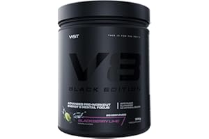 ‎VAST V8 Total Energy – Pre Workout Booster – Trainingsbooster – CarnoSyn®, BetaPower®, natürliches Koffein – Vegan – Zuckerfrei – 20 Portionen – Black Edition Blackberry Lime