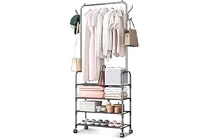 MONKLE - Appendiabiti da terra,Appendiabiti con ruote,stand appendiabiti con 4 vani portaoggetti(nero)