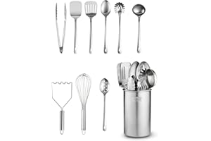 PTSUKER Stainless-Steel Kitchen Utensil Set - 10-Piece Premium Nonstick & Heat Resistant Gadgets, Turner, Spaghetti Server, Ladle, Serving Spoons, Whisk, Tongs, Potato Masher & Utensil Holder
