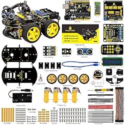 KEYESTUDIO Robot Coche Inteligente 4 WD con UNO R3, Sensor de Seguimiento de liacutenea, moacute;dulo Digital de Receptor de Infrarrojos, Sensor de ultrasonidos y moacute dulo Bluetooth para Arduino