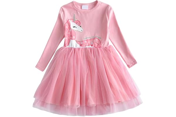 DXTON Fille Robe Licorne Robes Enfant Manches Longues Tulle Robes 2-8 Ans