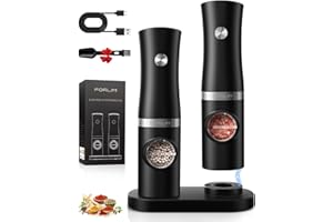 FORLIM Set Macina Sale e Pepe Elettrico, con base ricaricabile USB, macinapepe in acciaio inox con granulosità regolabile, macina sale con luce LED, con pulsanti galvanizzati(Nero)