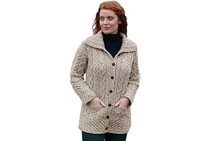 Aran Woollen Mills Damski długi gruby wełniany kardigan z dzianiny Aran z kołnierzem i kieszeniami