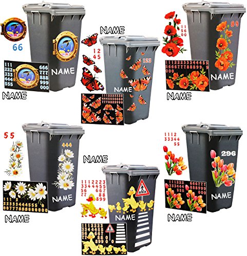 Aufkleber für Mülltonne - " Motiv-Mix " - circa 40 tlg. Set - incl. Zahlen - Mülltonnenaufkleber / Mülltonnensticker - Sticker _ wetterfest & wasserfest - Mülltonnen / Mülleimer - lustige Tiere - Ente / Küken - Entchen - Blumen - Blüten Schmetterlinge