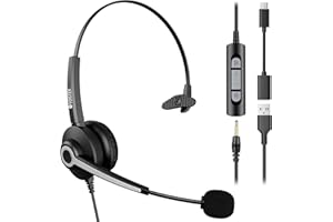Voistek Casque USB avec Microphone à Réduction de Bruit pour Ordinateur Portable, 3,5 mm/USB/USB-C, Casque Filaire avec Contrôle du Volume en Ligne pour Bureau et Centres d'Appels